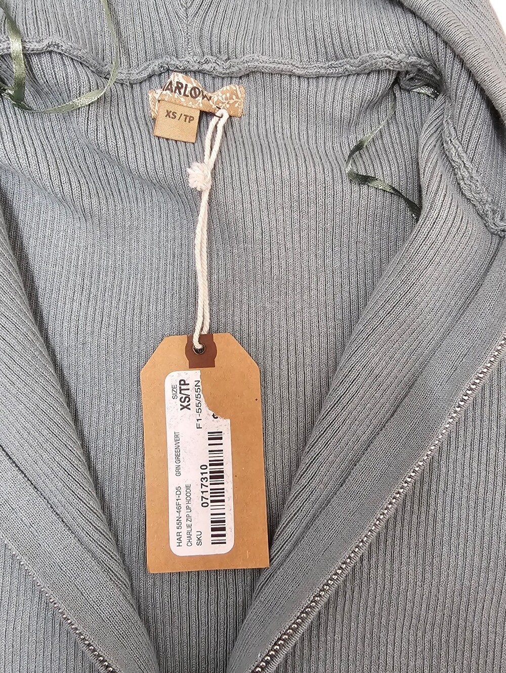 Harlow Cropped Ribbed Zip-Up Hoodie in Sage Green - Picture 4 of 7